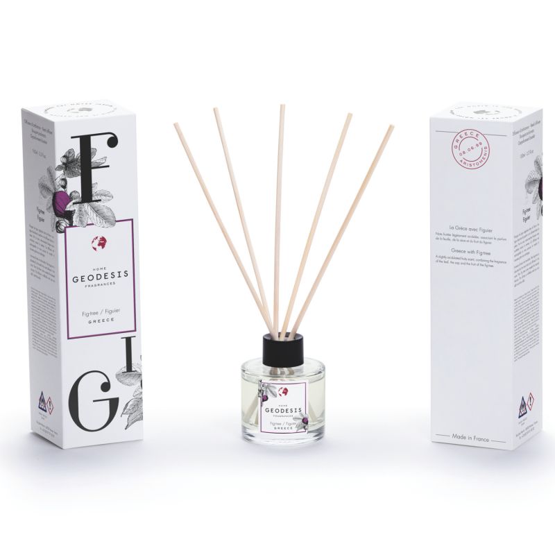 Geodesis Fig-Tree Reed Diffuser 100 ml — complete diffuser with front and back views of its carton