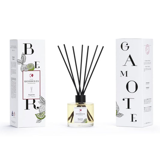 Geodesis Bergamot Reed Diffuser 200 ml — complete diffuser with front and back views of its carton