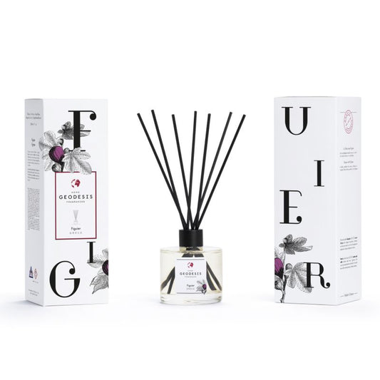 Geodesis Fig-Tree Reed Diffuser 200 ml — complete diffuser with front and back views of its carton
