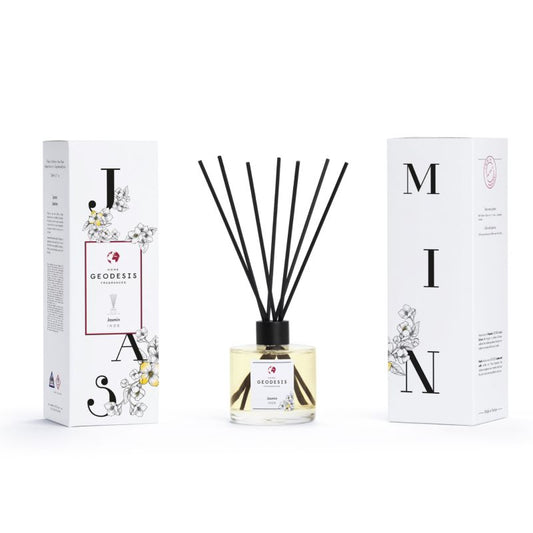 Geodesis Jasmine Reed Diffuser 200 ml — complete diffuser with front and back views of its carton