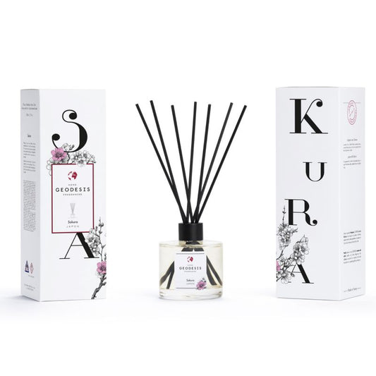 Geodesis Sakura Reed Diffuser 200 ml — complete diffuser with front and back views of its carton