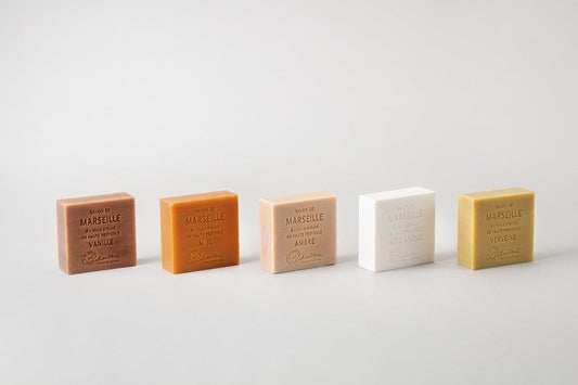 Five Lothantique Marseille soap bars in a row